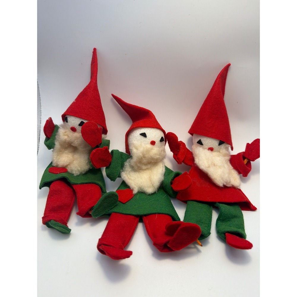 Vintage Felt Christmas Elf Gnome Set of 3 Red Green Scandinavian Holiday Decor